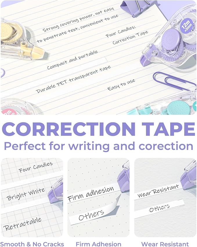 Four Candies White Correction Tape, 39.4 Feet, 8 Pack Easy to Use Applicator - Image 2