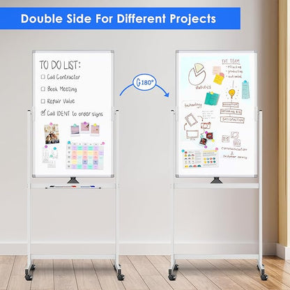 Magnetic Mobile White Board, 40 x 24 Double Sided Dry Erase Board Rolling - Image 4