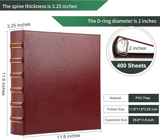 LETVPVOW Vintage Hardback 3 Ring Binder 2 Inch, Professional Leather Binder 3 - Image 2