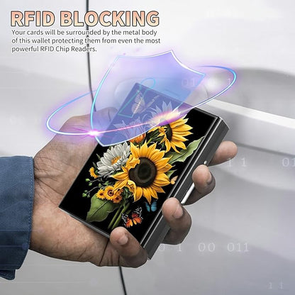 BWEGRHE Slim Credit Card Holder, Sunflowers Butterfly RFID Blocking Metal Wallet - Image 3