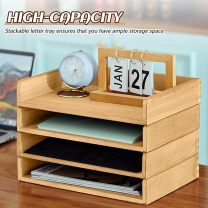 Yeaqee 4 Pcs Stackable Paper Organizer Tray Wood Desk Organizer Letter Tray - Image 5