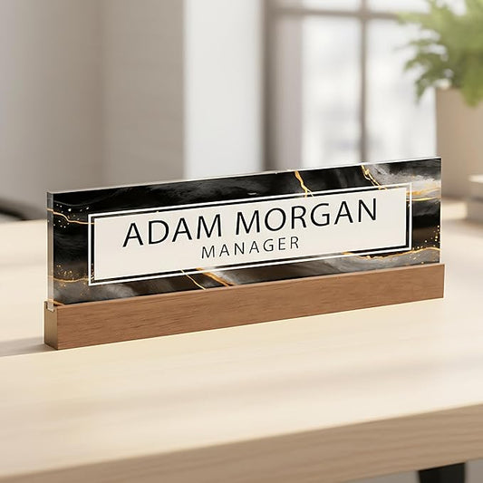 ARTBLOX | Office Personalized Name Plate Black Gold Marble Design On Clear by Artblox