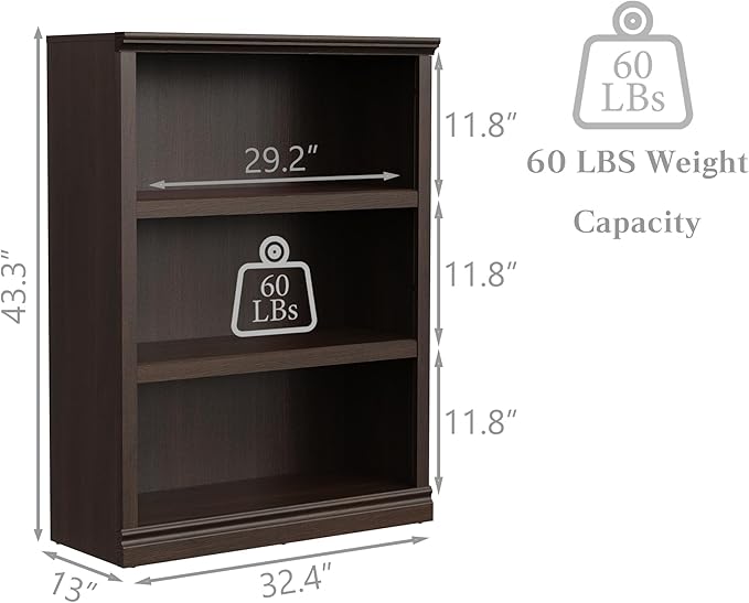 Bevfint 43 in Tall Bookcase, 3-Tier Bookshelf Open Storage, 33 inch Wide Floor - Image 3