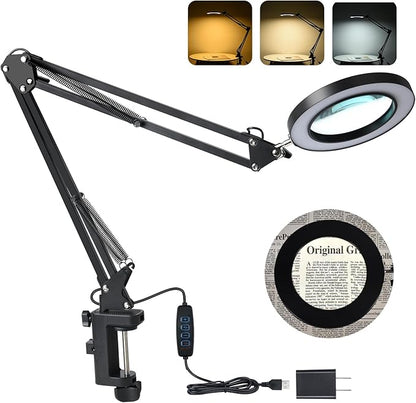 LED Magnifier Desk Lamp with Stand, 3 Color Modes & Stepless Dimming 5-Diopter by Dylviw