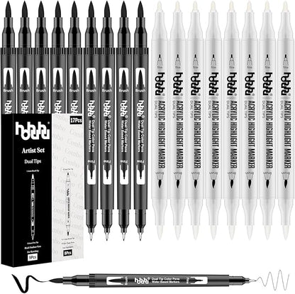 hhhouu 17Pack Dual Tip Black & White Brush Pens- Fineliner & Highlighting Set by hhhouuWithFunCreativity