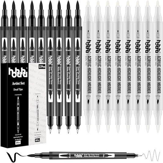 hhhouu 17Pack Dual Tip Black & White Brush Pens- Fineliner & Highlighting Set by hhhouuWithFunCreativity