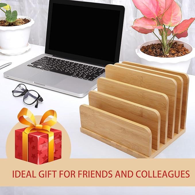 Deefielly Desk File Mail Organizer Countertop, 5 Slots Bamboo Folder Sorter - Image 6