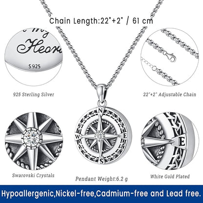Compass Necklace for Women Men 925 Sterling Silver Pendant Urn Necklaces for - Image 3