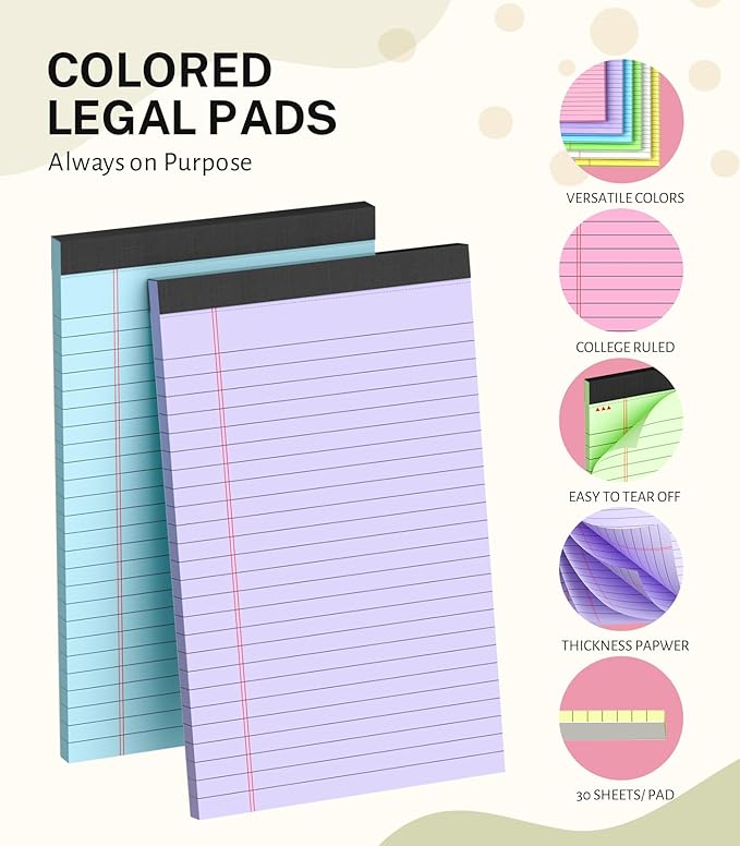 Note Pads 5x8, Narrow Ruled Legal Pad, 30 Sheet/notepad, 8 Pack Colored Legal - Image 3
