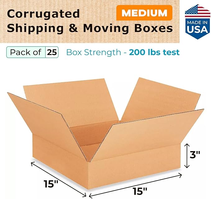 Medium Moving & Shipping Boxes 15"L x 15"W x 3"H - Image 2