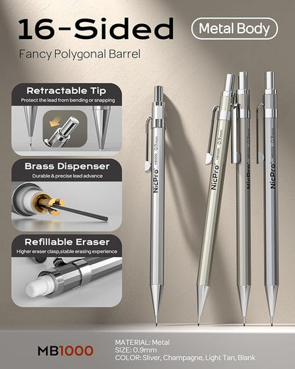 Nicpro 4 Pack Metal Mechanical Pencil Set 0.9mm, MB1000 Lead Drafting Pencil - Image 2