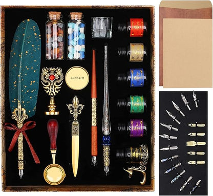 Junhartt Quill Feather Pen and Ink Set, Calligraphy Pen Glass Dip Pen and Wax by Junhartt