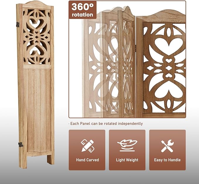 ALeesing 4 Panel Room Divider Fully Assembled, Carved Room Dividers and Folding - Image 6