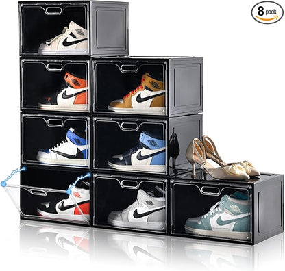 Amllas 8 Pack Shoe Boxes Black Plastic Stackable, Large Shoe Storage Organizer by Amllas