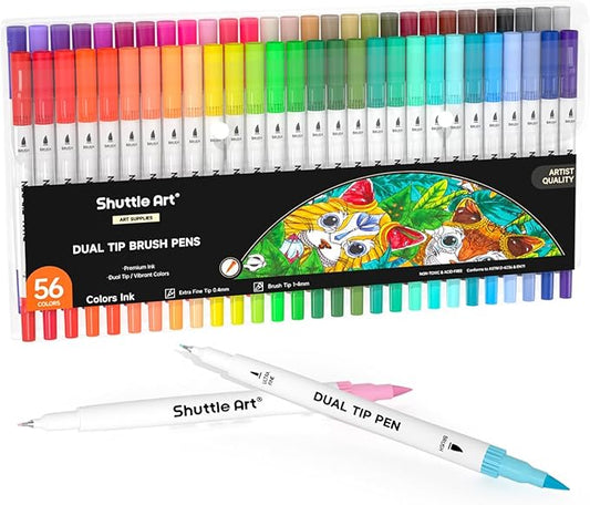 Shuttle Art Dual Brush Marker Pens, 56 Colors Water-based Ink, Dual Tip by ShuttleArt
