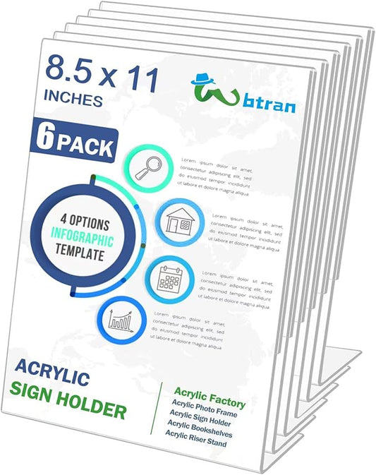 Wbtran Acrylic Sign Holder 8.5 x 11, 6 Pack Slanted Back Sign Holders by Wbtran
