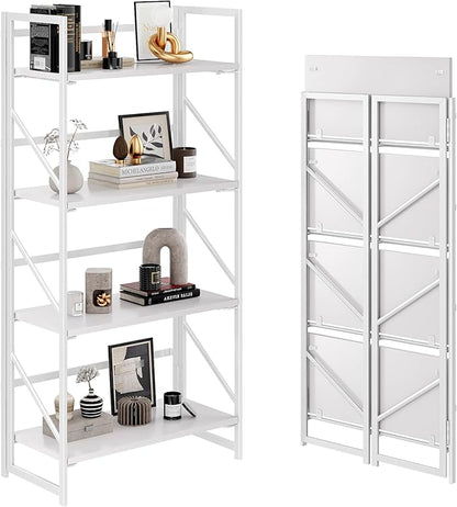 JSB No Assembly Folding Bookshelf, 4 Tier Industrial Metal Book Shelf by HomeFurniture