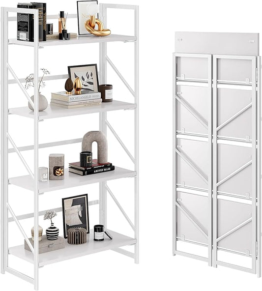 JSB No Assembly Folding Bookshelf, 4 Tier Industrial Metal Book Shelf by HomeFurniture