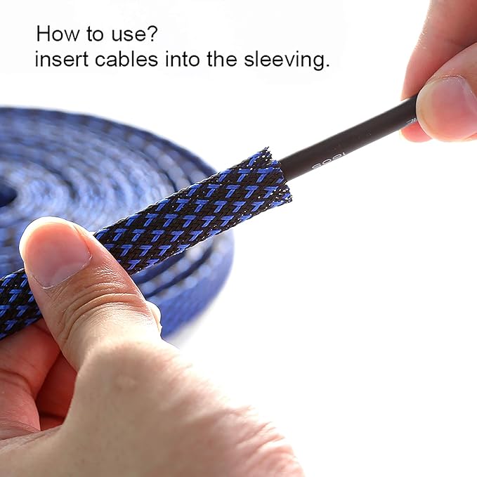 25ft - 3/8 inch PET Expandable Braided Sleeving – BlackBlue – Alex Tech Braided - Image 6