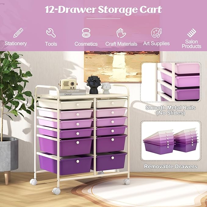 Happygrill 12-Drawer Rolling Storage Cart, 2 Sizes Plastic Drawers & Metal Shelf - Image 6