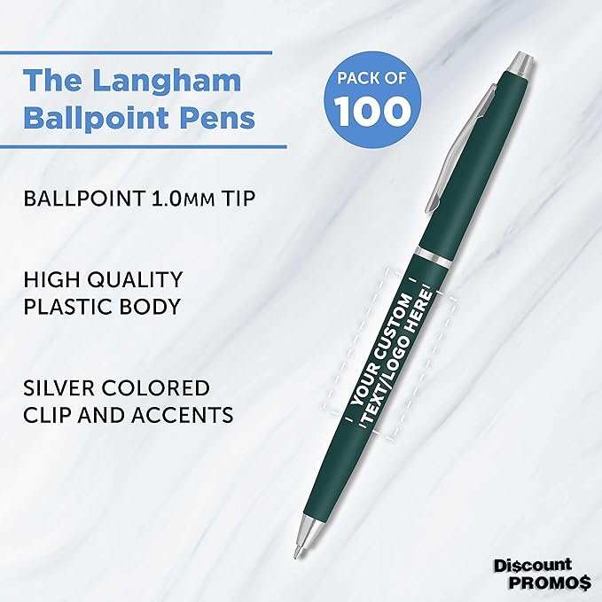 DISCOUNT PROMOS Custom Langham Ballpoint Pens Set of 100, Personalized Bulk Pack - Image 3