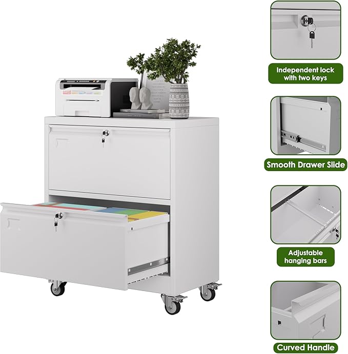 METAN Upgrade 2 Drawers Lateral File Cabinet on Wheels, Steel Office Filing - Image 4