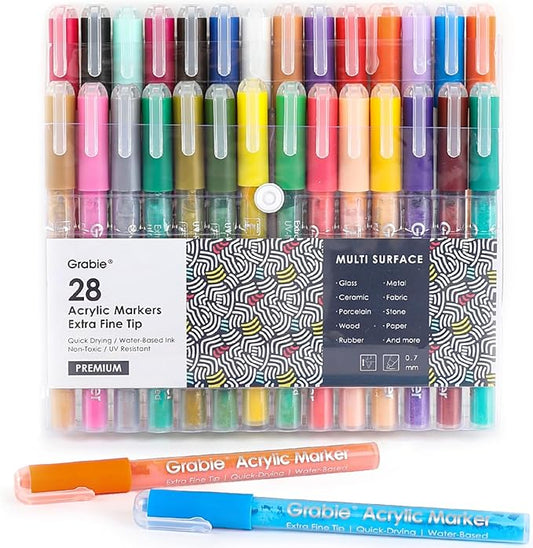 Grabie Acrylic Paint Pens Markers, 28 Colors, 0.7 mm, Extra Fine Tip Drawing by Grabie
