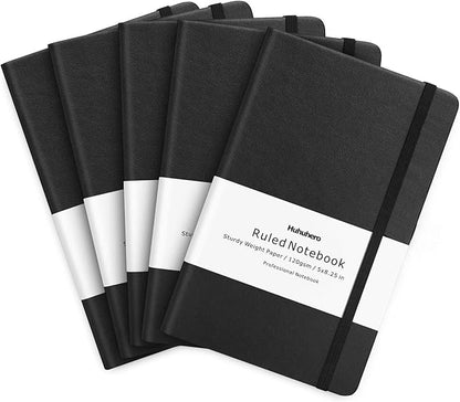 Huhuhero Lined Journal Notebook, 5 Pack Black Hardcover Notebooks by Huhuhero