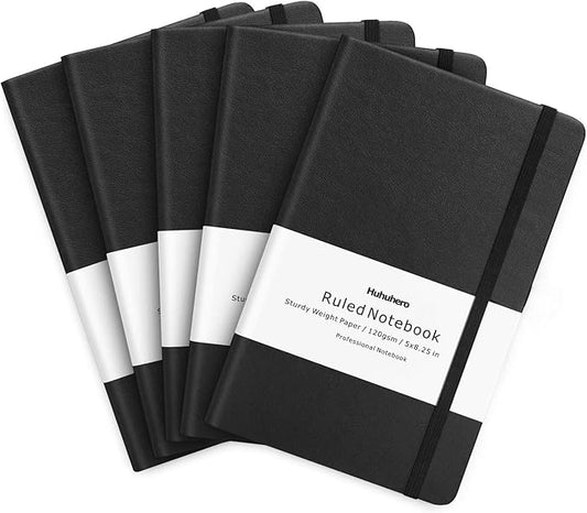 Huhuhero Lined Journal Notebook, 5 Pack Black Hardcover Notebooks by Huhuhero