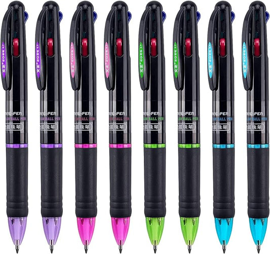 Bribobo 8 Pack Multicolor Ballpoint Pens 4-in-1 0.7mm Colored Retractable by Bribobo