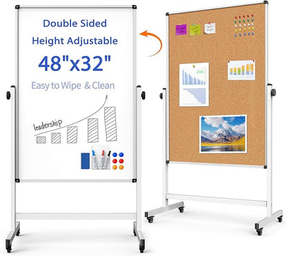 Double-Sided Whiteboard and Corkboard on Wheels, 48 x 32 Inch Magnetic Dry by WOREEY
