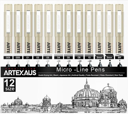 Micro Fineliner Drawing Art Pens, 12 Assorted Sizes, Waterproof Archival Ink by Unknown