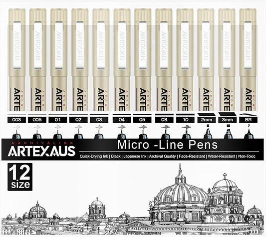 Micro Fineliner Drawing Art Pens, 12 Assorted Sizes, Waterproof Archival Ink by Unknown