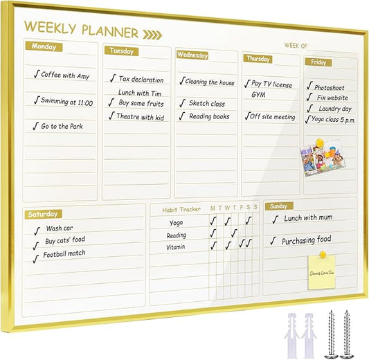 Gold Weekly Dry Erase Board for Wall, Small Magnetic Dry Erase Weekly Calendar by Marribol