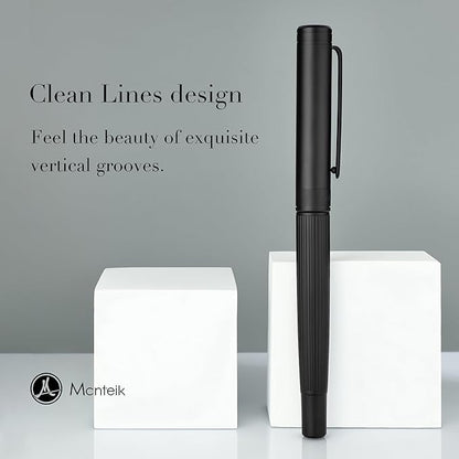 MCNTEIK Matte Black Fountain Pen, Exquisite Vertical Grooving Design, Ink - Image 2