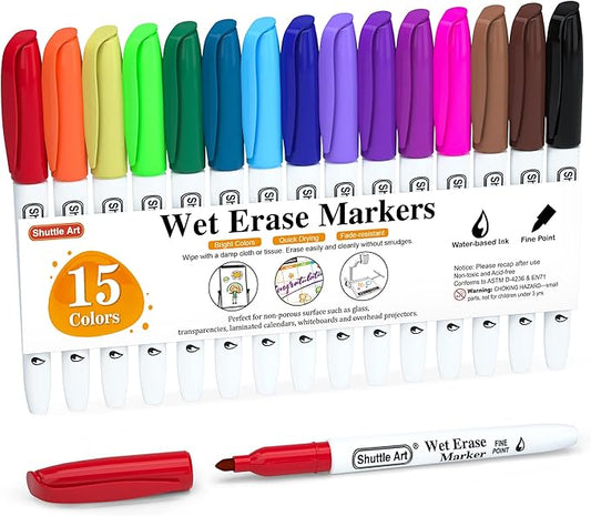 Shuttle Art Wet Erase Markers, 15 Colors 1mm Fine Tip Smudge-Free Markers by ShuttleArt