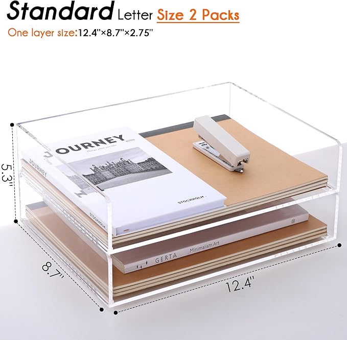 HeZone Paper Organizer, 2 Tier Stackable A4 Size Acrylic Letter Tray, - Image 3