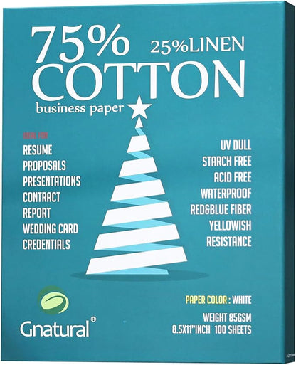 75% Cotton 25% Linen Paper, 85gsm Inkjet Printing Paper, 8.5"x11" White Color by Gnatural