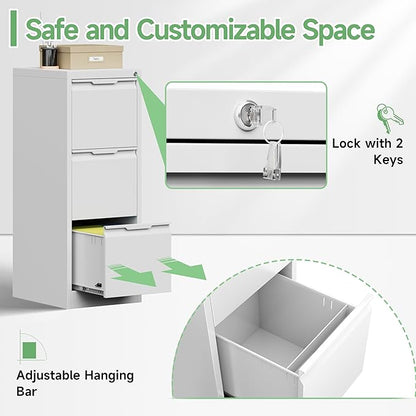 3-Drawer File Cabinet with Lock, Metal Vertical Filing Cabinets - Image 6