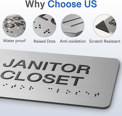 JANITOR CLOSET Signs with Raised Text & Grade 2 Braille, Brushed - Image 3