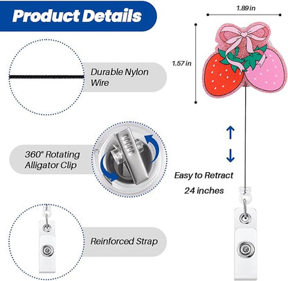 Pink Bow Strawberry Badge Reel | Cute Retractable ID Card Badge Holder | Name - Image 2