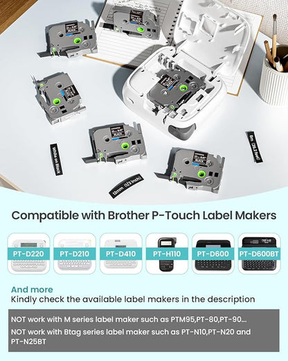 6-Pack Label Maker Tape 12mm 0.47" Black Tze-335 Replacement - Image 2
