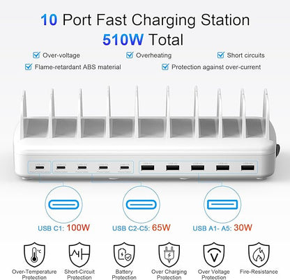 510W Fast Charging Station for Multiple Devices, 10 Port USB C Charger Station - Image 4