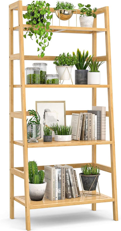 Homykic Bamboo Bookshelf 4-Tier Ladder Shelf, 49.2” Freestanding Open Bookcase by Homykic