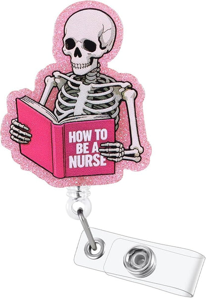 How to Be A Nurse Funny Skeleton Book Nurse Badge Reel, Cute Pink Radiology by LINAYOHA
