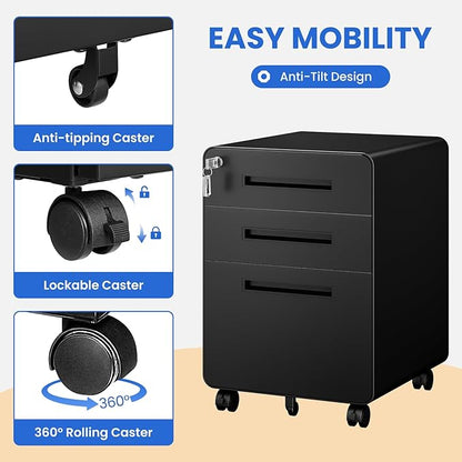 MIIIKO Mobile Filing Cabinet 3 Drawer, Rolling Small File Cabinet - Image 6