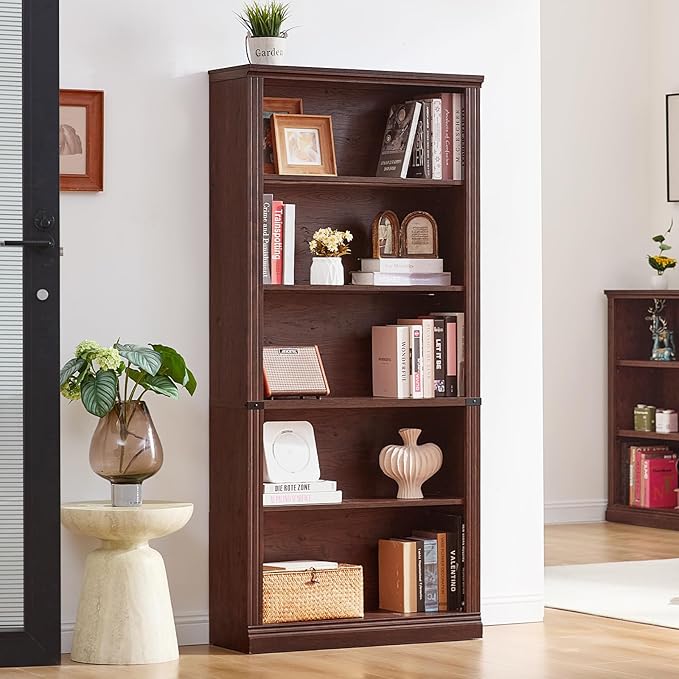 RWYHG 70" Walnut Tall Bookshelf Set of 3, 5-Tier Thick Wooden Book Shelf - Image 9