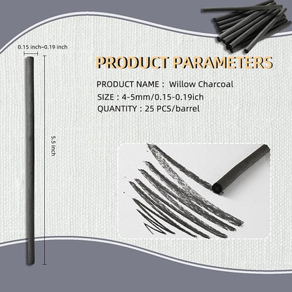 Trzzyan 25 PCS Willow Charcoal Sticks, and Fine Art, 5.7 Inches Long - Image 2