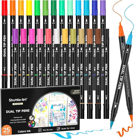 Shuttle Art Dual Tip Brush Marker Pens, 25 Colors Water-based Ink, Fine and by ShuttleArt