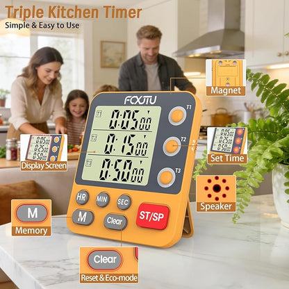FCXJTU Digital Dual Triple Kitchen Timer, 3-Channel Magnetic Countdown Timer - Image 3